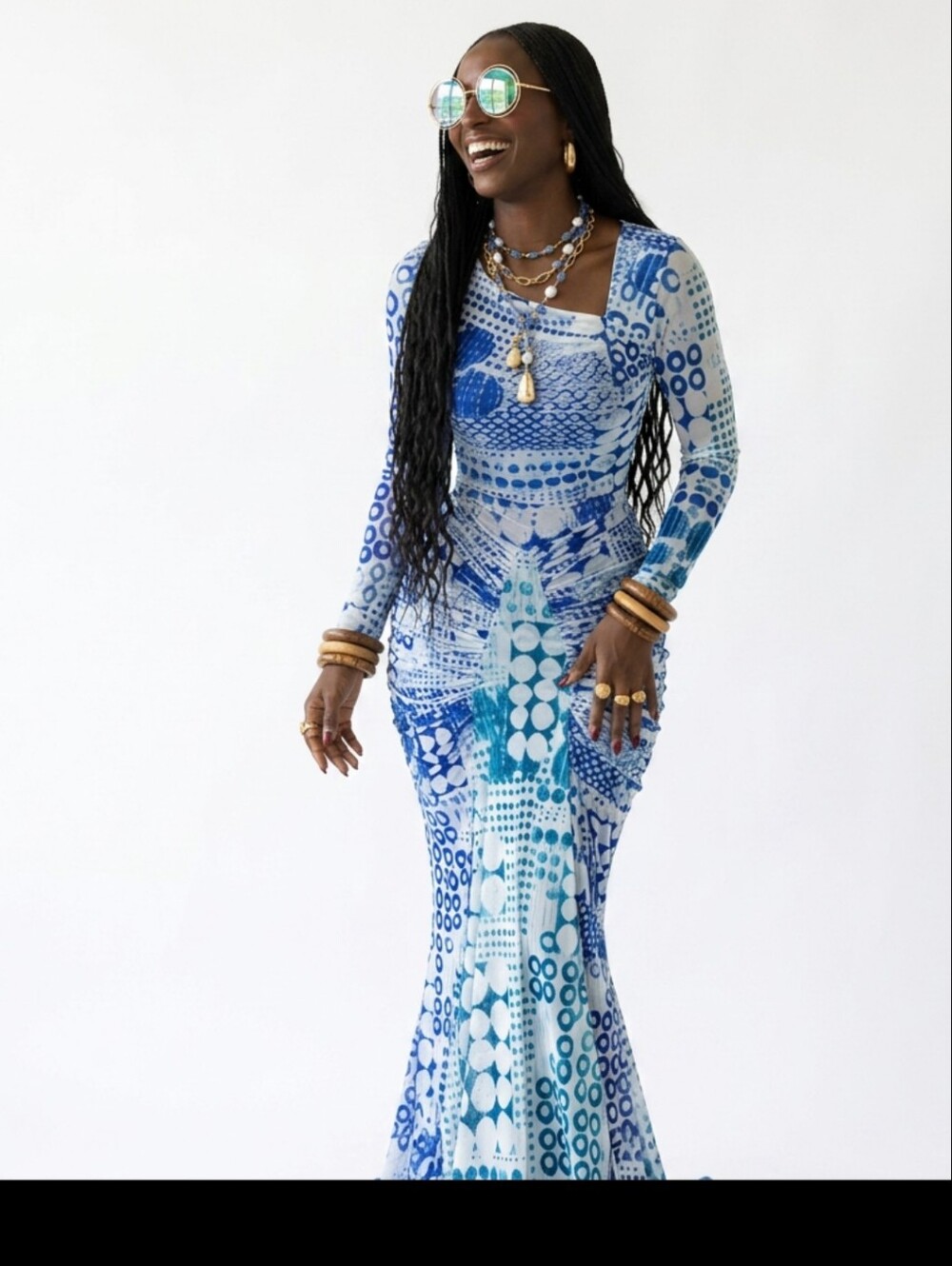 Blue Patterned Long Sleeve Maxi Dress
